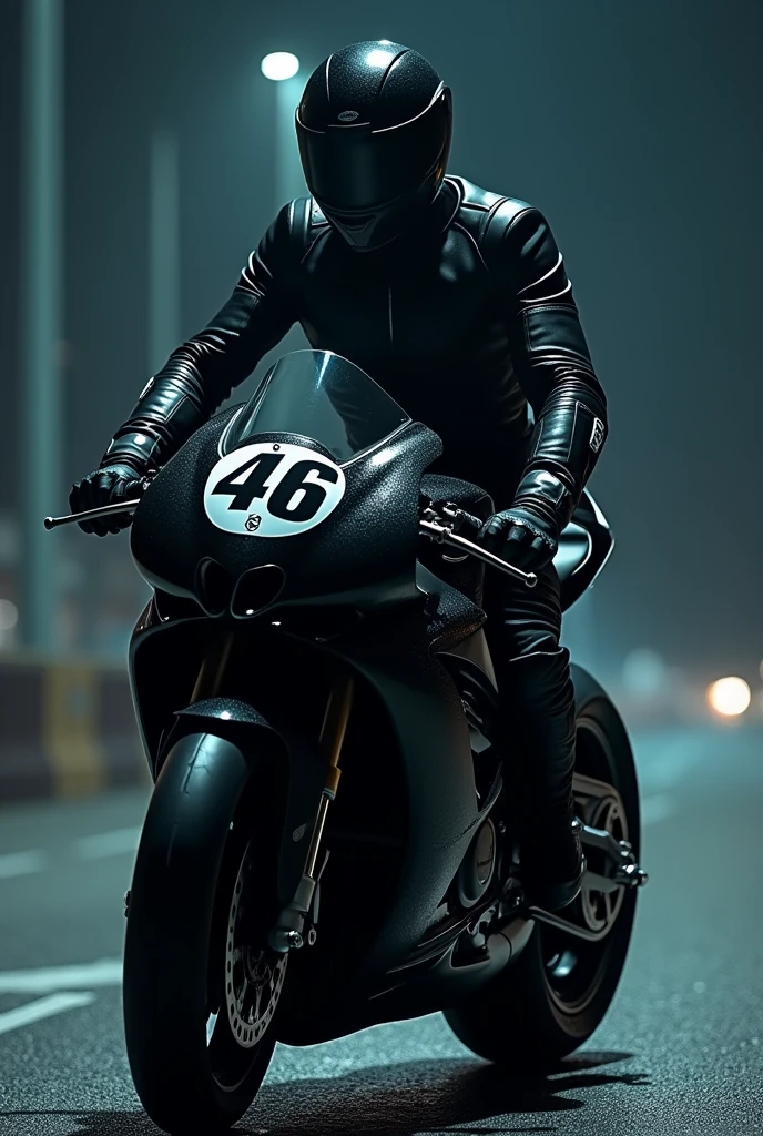 In the night A black motorcycle with a black biker with the white number 46 on the motorcycle (image 4k) 