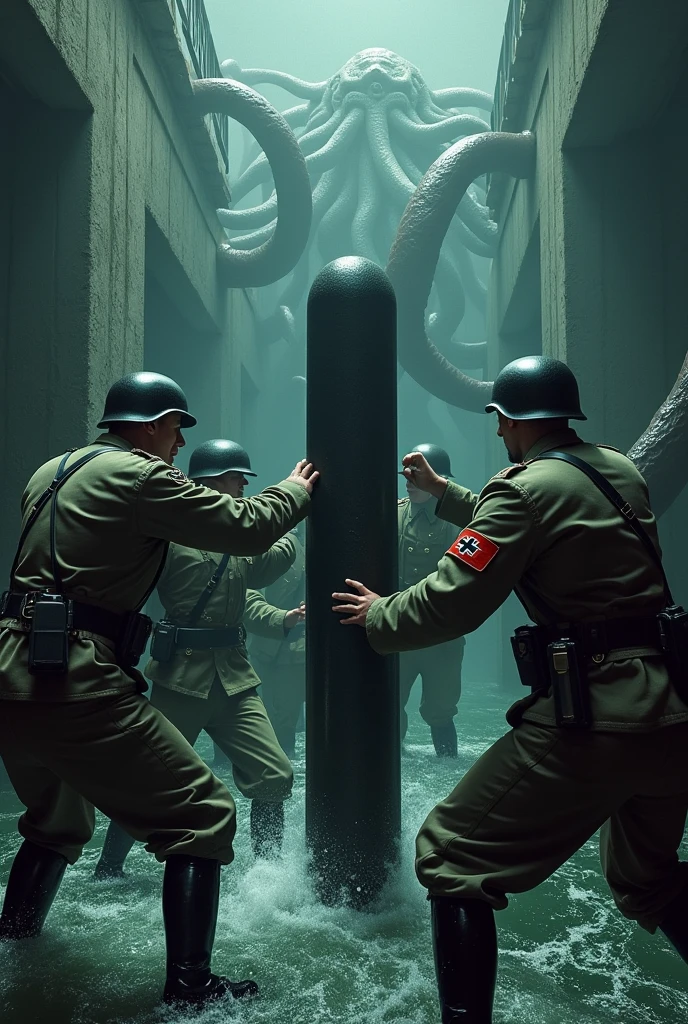 4 german world war 2 soldiers fighting over a big black lever in a submarine pen, chtulhu, big water tentacles, 8k, detail, german uniform 4k, lever, big black lever, 8k