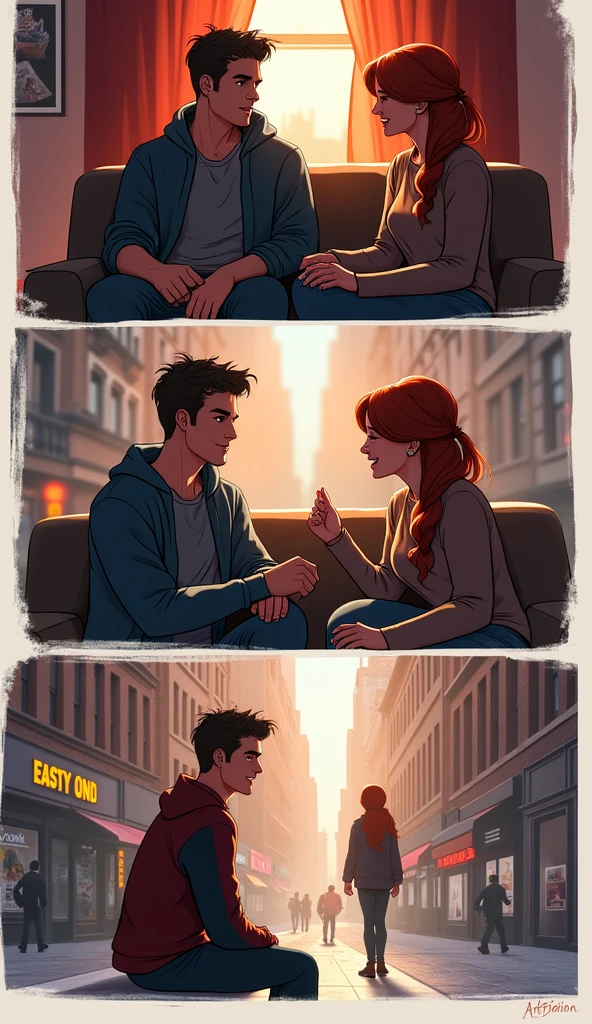 storyboard of Peter Parker late 20s sitting with Mary Jane late 20s talking and laughing, one at home, one at the theater, and the last one on a New York street, holding his right hand, modern style, Spiderman, Trending in ArtStation 4K, cg arte
