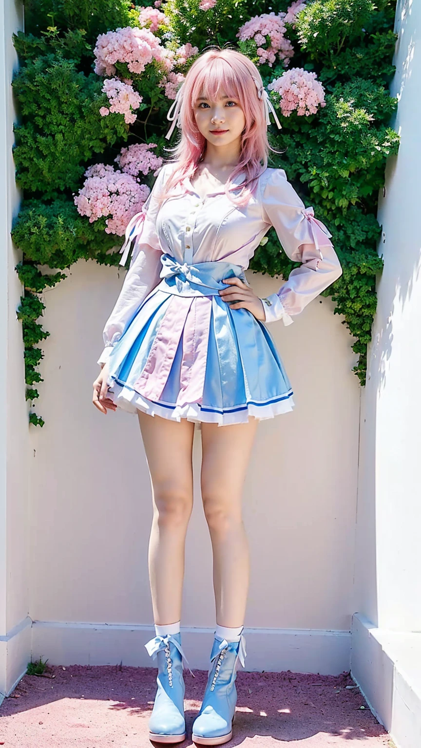 (8k、RAW Photos、Highest quality、masterpiece:1.2)、(Realistic、Realistic)、1 girl、((white、pink、light blue、mini skirt、pinkの髪、Breast enlargement、boots、ribbon、Thin legs、whole body、View from the front、Looking into the camera、ribbon、garden、See-through、Stand with hands on hips))、cute