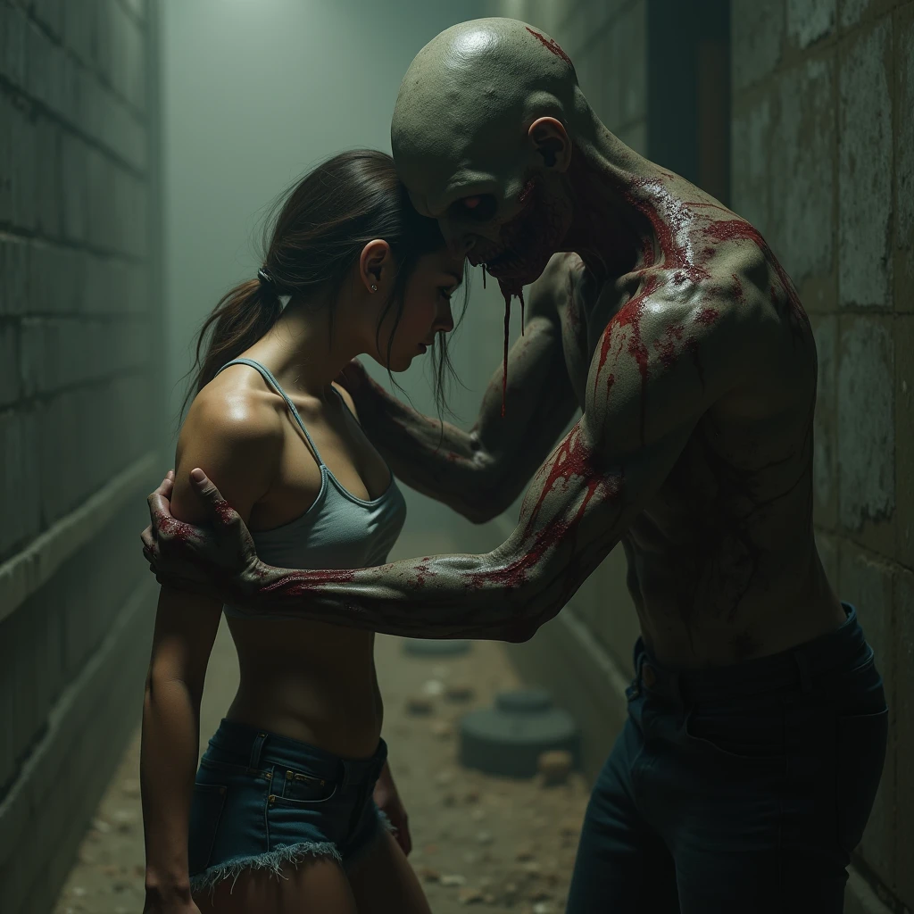 A determined, muscular woman with a determined expression, is in the midst of a fierce struggle against a decaying, grotesque zombie. She is lunging forward, knife raised, aiming for the zombie's head. The zombie, with a gaping maw and exposed brain, is reaching out with clawed hands, trying to grab her. Dramatic, low-light setting, gritty urban environment, rain-slicked pavement, neon signs in the background, detailed character expressions, realistic gore, cinematic lighting, 8k, hyperrealistic.