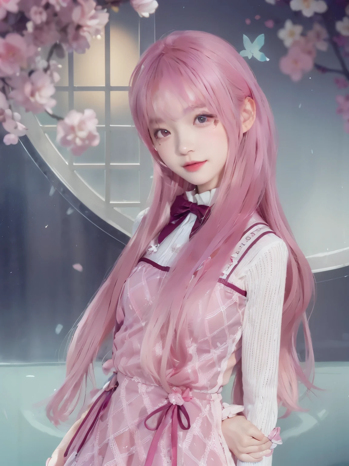 Asian girl taking a picture wearing a pink dress and a bow tie with pink hair, long pink hair , brown eyes,Cute realistic portrait girl with long hair, Realistic Girl, pretty anime girl, Realistic Girl