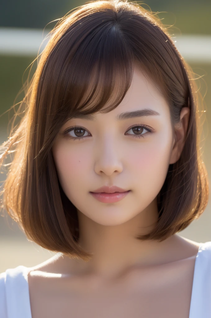 Brown-haired woman 30 years old、unclean、Lens flare、(8K、born、professional、highest quality、masterpiece:1.2)、(realistic、Photoreal:1.37)、super detailed、(best detailed skins:1.2)、(Supreme Detail Face:1.2)、movie lighting、1 female、Japanese、Short-cut brown hair、(the wind is strong)、warm white light、shy smile、Photographed from the front、((highest quality、8K、masterpiece:1.3))、beautiful woman with perfect figure:1.4、、((dark brown hair、big breasts:1.2))、Highly detailed face and skin texture、detailed eye、double eyelid、big breasts、gender Wearing a plain white round neck T-shirt Tokyo city whole photo Cafe