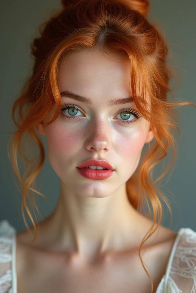 Beautiful German girl in ginger hair, fluffy stylish bun, simple hair also, beautiful fair face, red lips, soft lips, soft skin, elegant