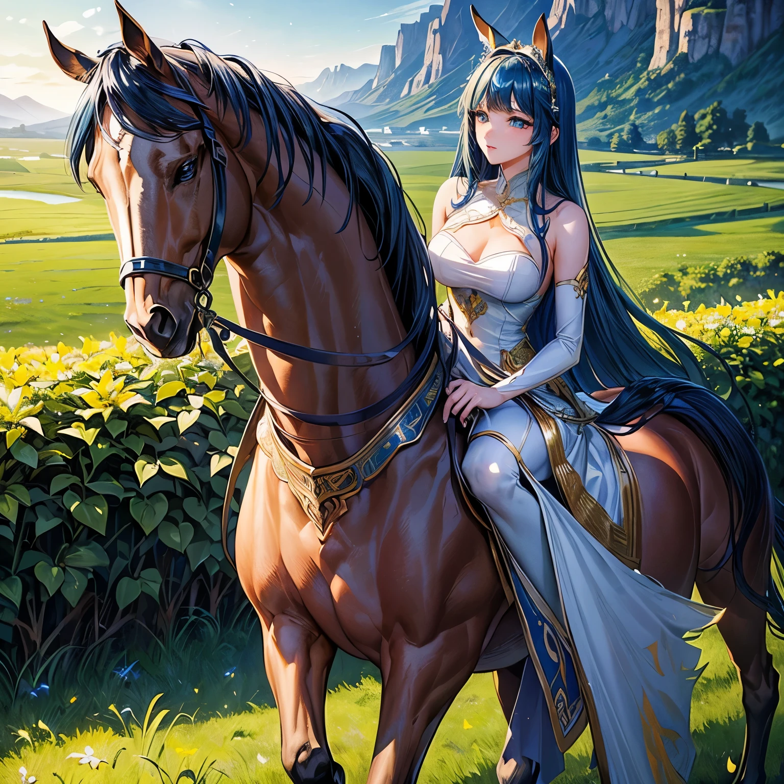 ((masterpiece, best quality)),(illustration),(detailedLight),((Extremely exquisite and beautiful)),1 Girl,Godolphin Arabian Horse,long hair,blue hair,Green Eyes,Horse Ears,Horse girl,hair_Decorations,White Dress, Bare shoulders, ,sleeveless,evening dress,Long skirt,outdoor, Light,Blue sky, horizon, grassland, wilderness