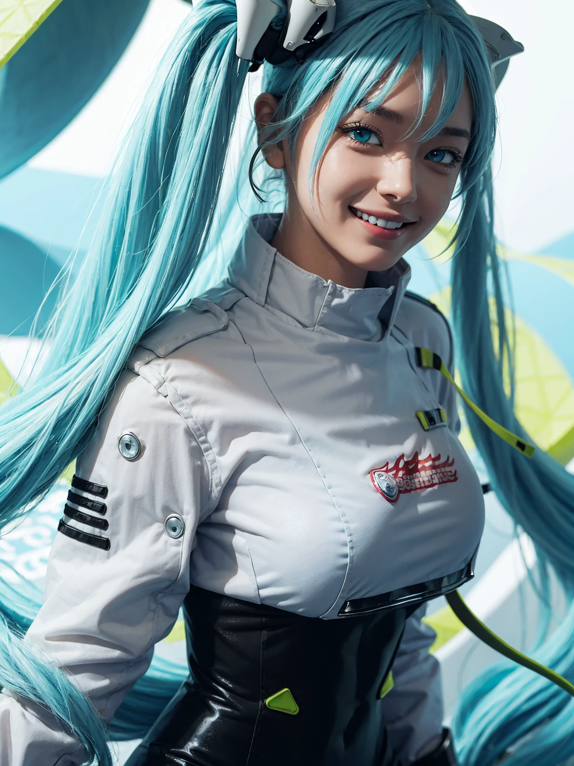 1girl, upper body,close-up, 128k, RAW photo, best quality, masterpiece,realistic, photo-realistic,
BREAK (masterpiece, highest quality, super detailed, best shadow, volume lighting), (beautiful detailed face, beautiful and fine eyes), (best illumination),masterpiece,(super detailed),
BREAK (smile:1.5), car, racecar, circuitry, racing Miku, black bodysuit, cropped jacket, white jacket, long sleeve, Two-tone gloves, thigh boots,(Aqua blue hair), (big breasts:1.2)
