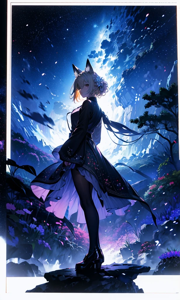 1people々々々々々々々々々々々々々々々々々々々々々々,Woman with medium length blonde hair,Fox Ears,Long coat,Takageta, Dress Silhouette, Rear View,Space Sky, Flower Field,Colorful flowers,Dancing Petals,full moon,shrine,
