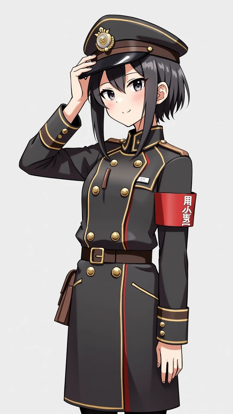 2D、masterpiece、Highest quality、Highly detailed eyes、Highly detailed face、1 girl、alone、Are standing、Black trench coat、Banya、length、uniform、Have、Black eyes、straight face、straight、Hello、Black Hair、White armband、Lesbians all over