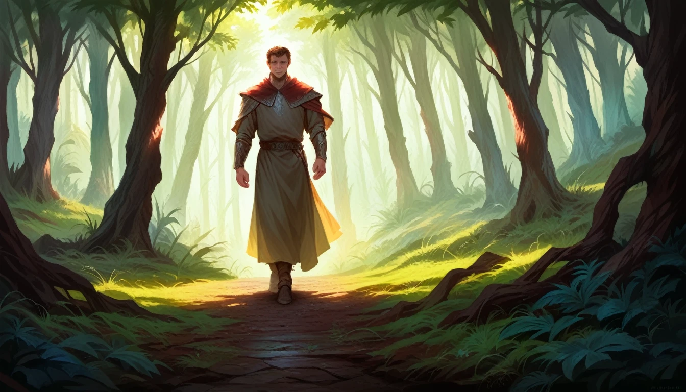 a medieval boy walking in a dense forest, detailed face,ultra-detailed face, highly detailed face, extremely detailed eyes, extremely detailed nose and lips, intricate facial features, cinematic lighting,epic fantasy digital art, rpg fantasy art, illustration, rpg art, dwork art, dramatic lighting, moody atmosphere, lush foliage, dense undergrowth, sunbeams, cinematic composition, photorealistic, best quality, 4k, 8k, highres, masterpiece:1.2, ultra-detailed, realistic:1.37