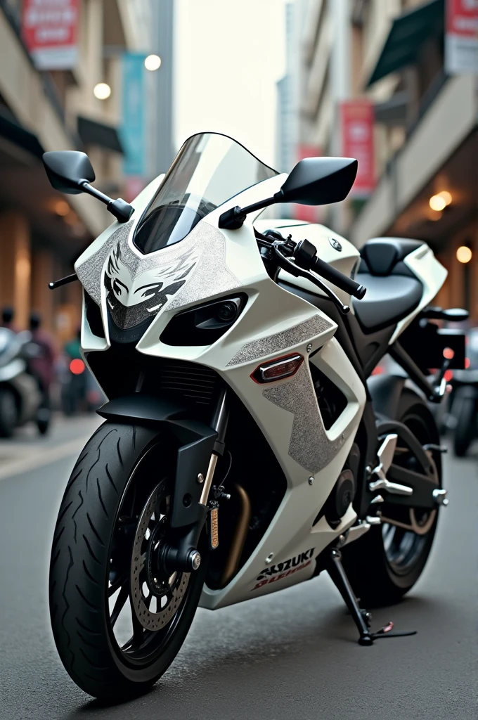 A Suzuki Ninja R250cc motorbike with a side hood made of platinum, bone white, front body with a tiger-like appearance with complete features, looks sophisticated, parked in the city of Jakarta.
