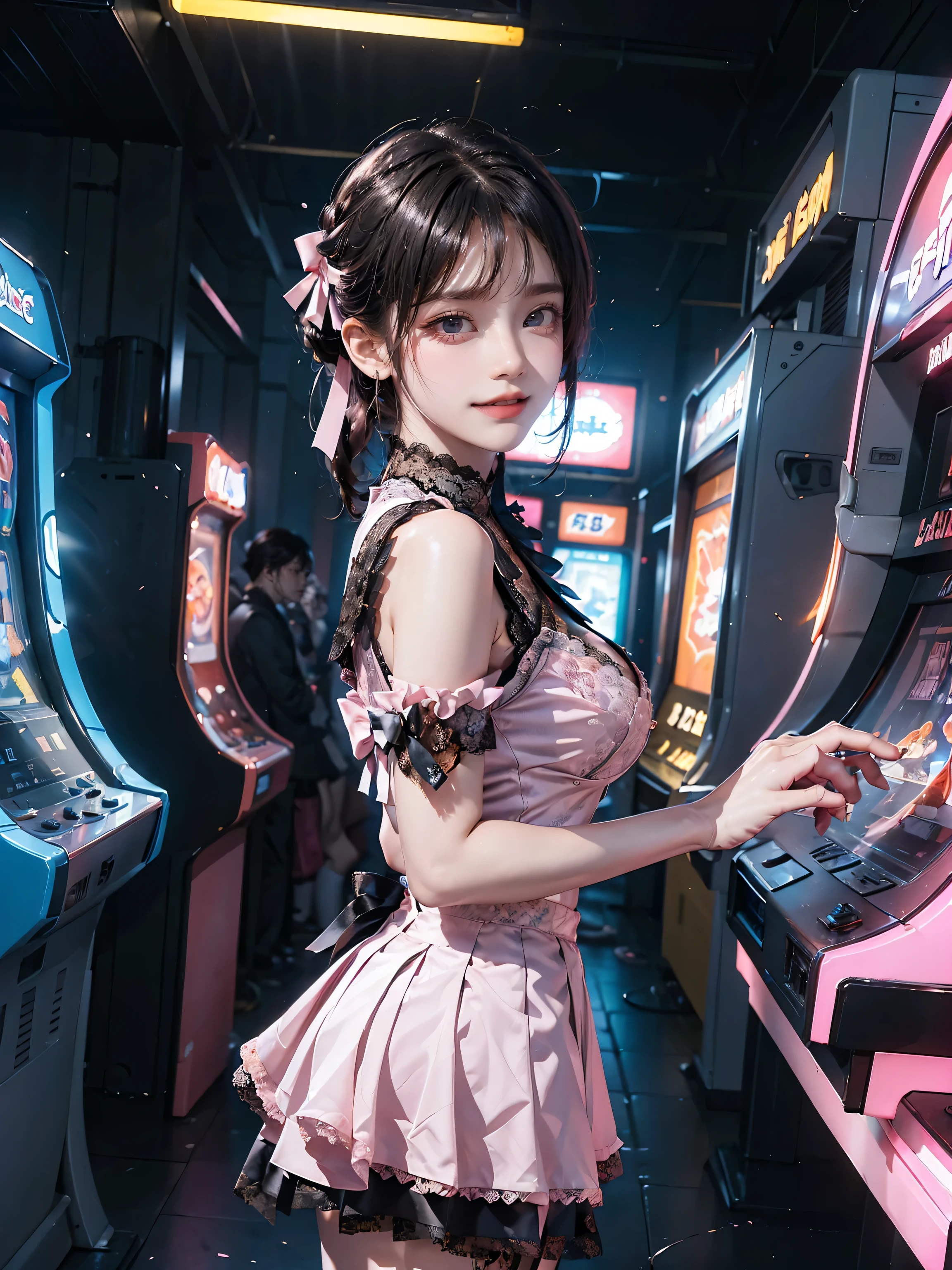((16K)),((masterpiece:1.3)), ((Highest quality)), ((Ultra-high resolution)), (Very detailed), (Realistic, photoRealistic:1.4), Perfect lighting,((Side light)), Surrealism,No makeup, Film Grain, chromatic aberration, Sharp focus, Face Light,((Beautiful detailsまでこだわった髪)),((Beautiful eyelashes)), Beautifully detailed face, ((Beautiful Hair)),Beautiful details, Beautiful clavicle, Beautiful body, Thin legs,Beautiful breasts, Beautiful legs, ((Detailed and carefully drawn hand)), Cleavage, Perfect Anatomy, Supermodel with a long neck,((Skinny1.3)),23 years old,Looking into the camera,(Perfect Anatomy,Anatomically correct, Very detailed肌), Glowing Skin,((pale skin)),((beautiful girl:1.1)),shiny hair,((two side up)),(Medium Hair:1.4, Straight Hair:1.2, Black Hair) ,((Hime cut:1.2)),Dainty facial structure,((Captivating smile:1.5)),((leaning on rail:1.2)),((Play in Game Center:1. 4)),((from side)),(((wearing jirai fashion, shiny black satin, high neck, short dress with many ( black )frills))), ((pink Lace:1.5)), (((micro mini skirt, bow ribbon))), ((super large breasts)), ((see-through black thighhighs )),a girl in the 90's popular arcade arcade, Play Street Fighter fighting games with passion, Room with arcade and neon lights , neonlight,They stand in front of an arcade machine with a color display, Showcasing the game's exciting visuals. There is a strong sense of nostalgia in the air. The arcade is brightly lit, The walls are decorated with classic game posters and three-dimensional models of game characters, The little boy holds the joystick of the arcade machine, Manipulate his characters quickly and skillfully, Display gorgeous combos and skills on the screen, (fang, anime style, wide shot, sideways, 8k, super detail, ccurate, best quality, anatomically correct, highres, Bright colors,Global illumination),((wide shot:1.4)),