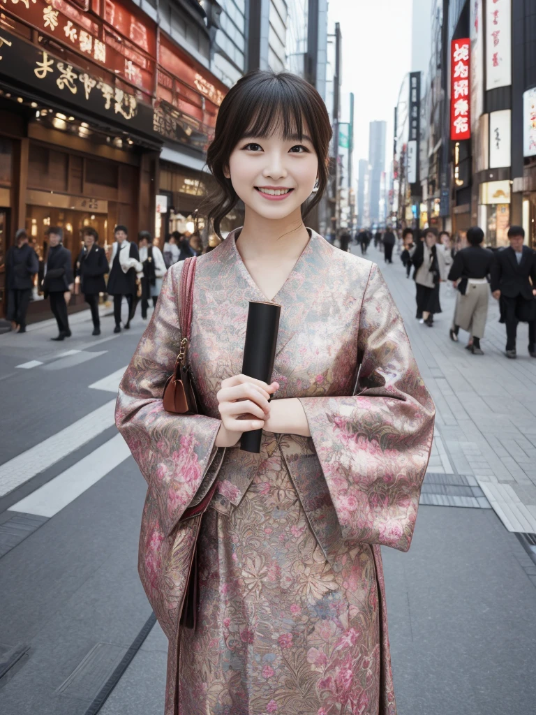 1girl, solo, highres, best_quality, masterpiece, detailed_background, intricate_details, beautiful, tokyo, ginza, cityscape, elegant_clothes, modern_fashion, smile, looking_at_viewer, natural_pose, candid, happy