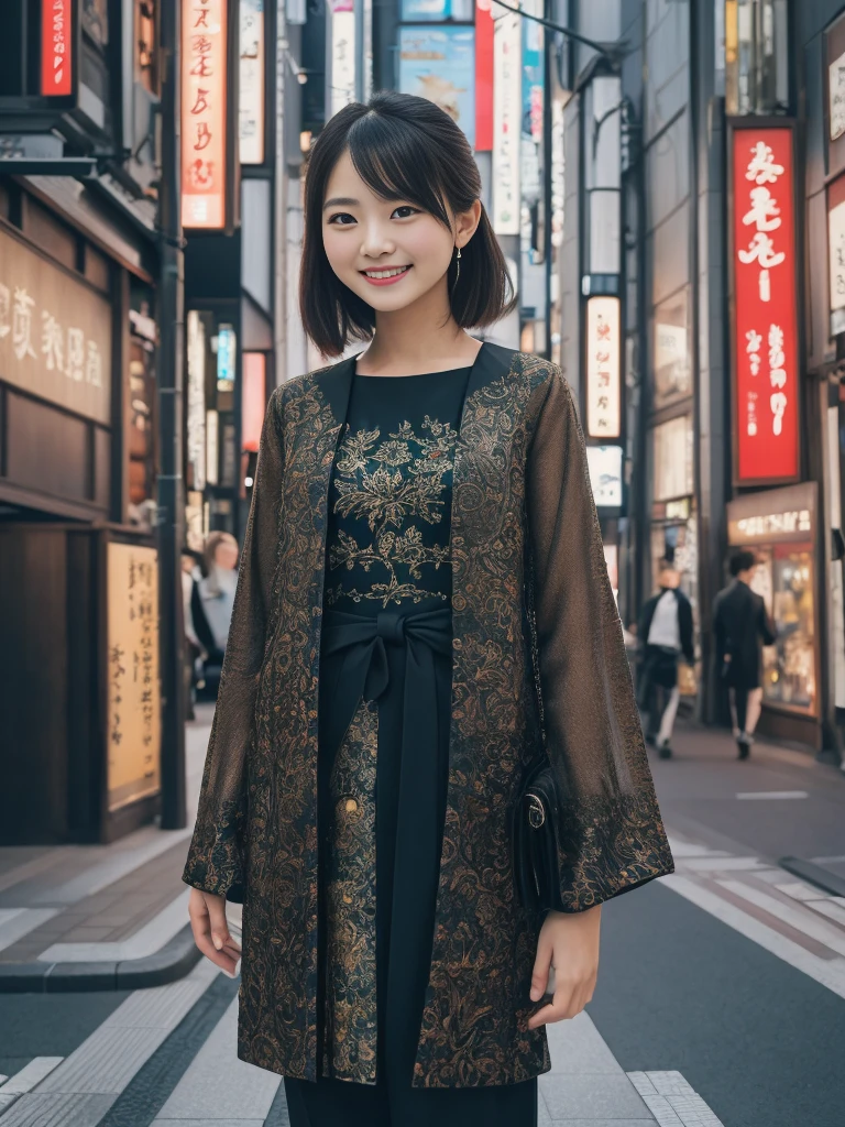 1girl, solo, highres, best_quality, masterpiece, detailed_background, intricate_details, beautiful, tokyo, ginza, cityscape, elegant_clothes, modern_fashion, smile, looking_at_viewer, natural_pose, candid, happy