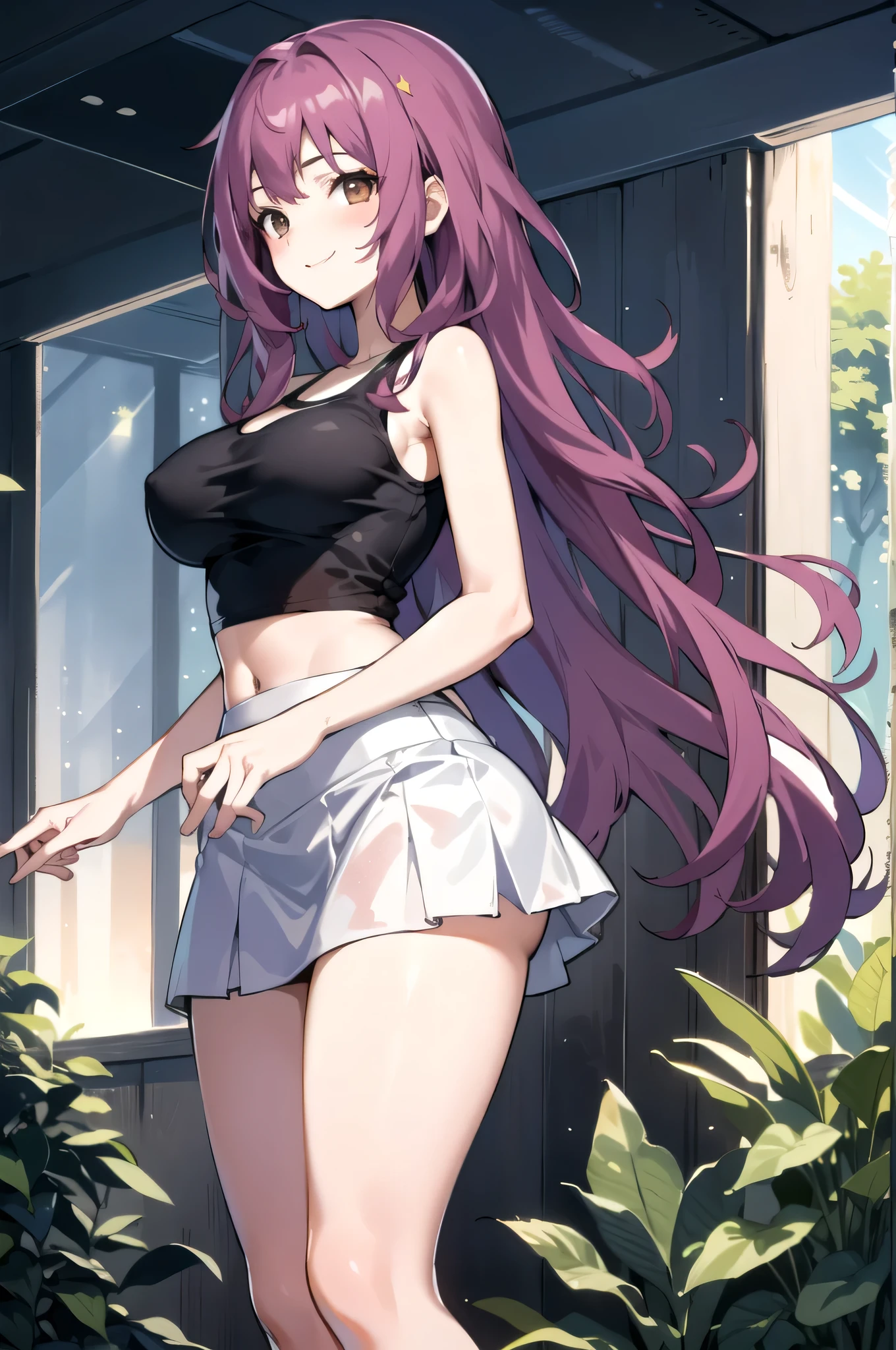 Highest quality、High resolution、masterpiece、Purple Hair、Brown eyes、Medium Hair、Wavy Hair、Black Tank Top、Big Breasts、girl with big breasts、Skin tight tank top、White mini skirt、Tight Skirt、A small smile、Are standing、(forest, Dawn, Speckled sunlight)、