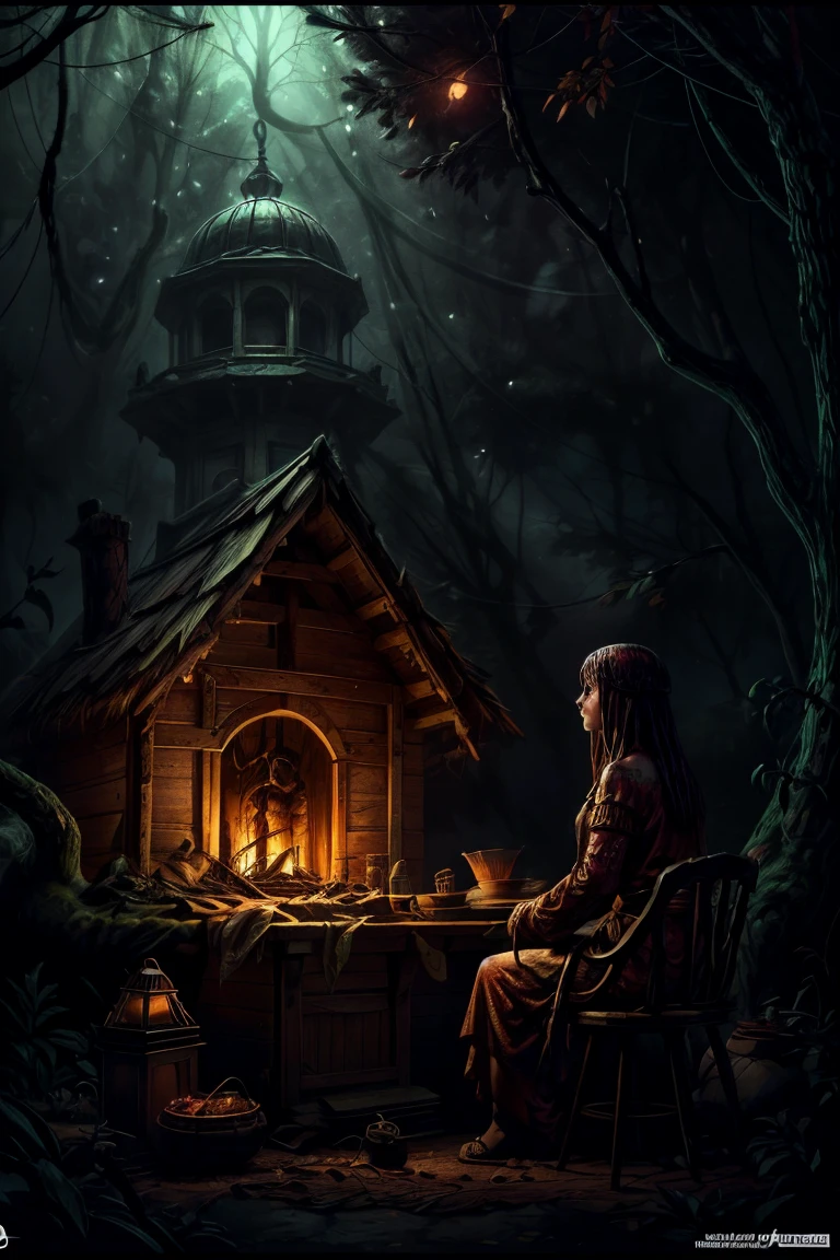 They saw him going deep into an old forest, where there was a dilapidated wooden house. As they approached, they heard strange moans coming from inside the house. Extremely curious, one of them sneaked inside and discovered a horrifying scene: hundreds of bananas dangling from withered tree branches, and in the middle of the room was a strange altar, on which Place a statue of a woman with a pale face and glaring eyes. (Highly Detail:1.2),(Cinematic Lighting,Delicate Colors), 8K, ((lifelike)), masterpiece