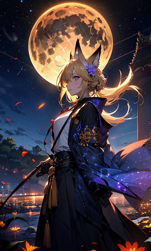 1people々々々々々々々々々々々々々々々々々々々々々々,Woman with medium length blonde hair,Fox Ears,Long coat,Takageta, Dress Silhouette, Rear View,Space Sky, Flower Field,Colorful flowers,Dancing Petals,full moon,shrine,