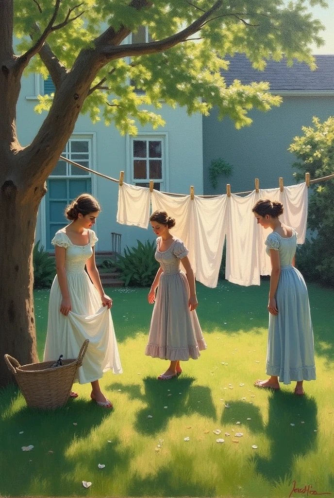 Old Victorian Impressionist style painting of women doing laundry in their backyard and hanging clothes on the clothesline 