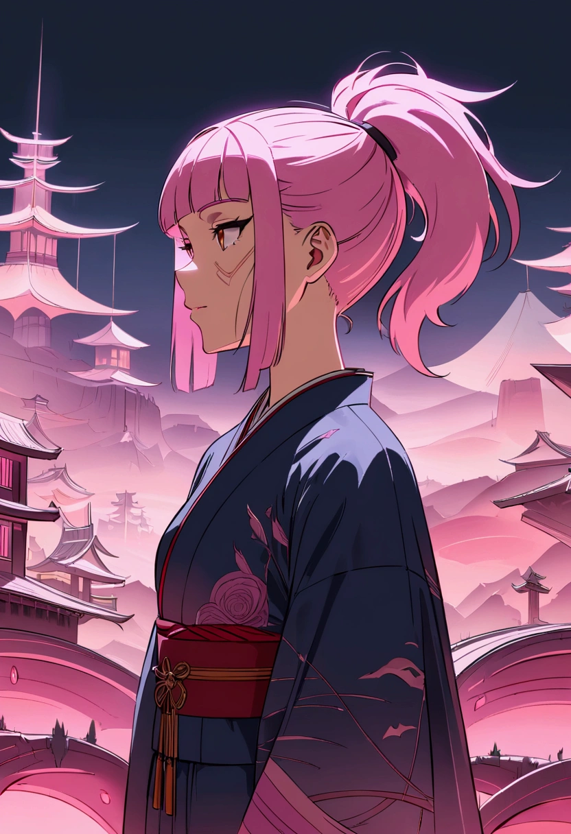 (masterpiece), ((Negative Space)), (author: Neil Welliver), Relief,1 Girl, Brown eyes, Ponytail, Pink Hair, Cyberpunk style Japanese clothes, The expression is serene,Delicate facial features,Elegant posture,Paper art,In a surreal landscape, Studio Lighting,8k,High-quality,