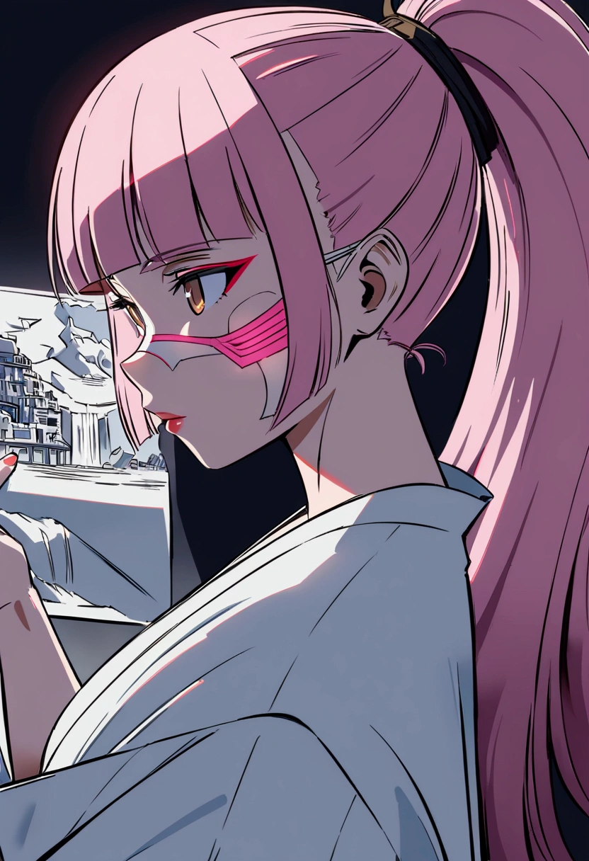 (masterpiece), ((Negative Space)), (author: Neil Welliver), Relief,1 Girl, Brown eyes, Ponytail, Pink Hair, Cyberpunk style Japanese clothes, The expression is serene,Delicate facial features,Elegant posture,Paper art,In a surreal landscape, Studio Lighting,8k,High-quality,