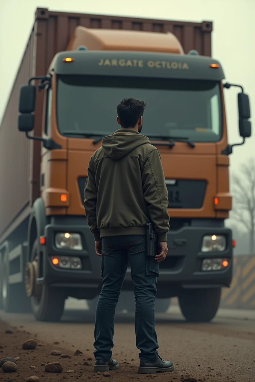 A young man is standing in front of a large container lorry, he is facing the lorry and has a gun on his waist.