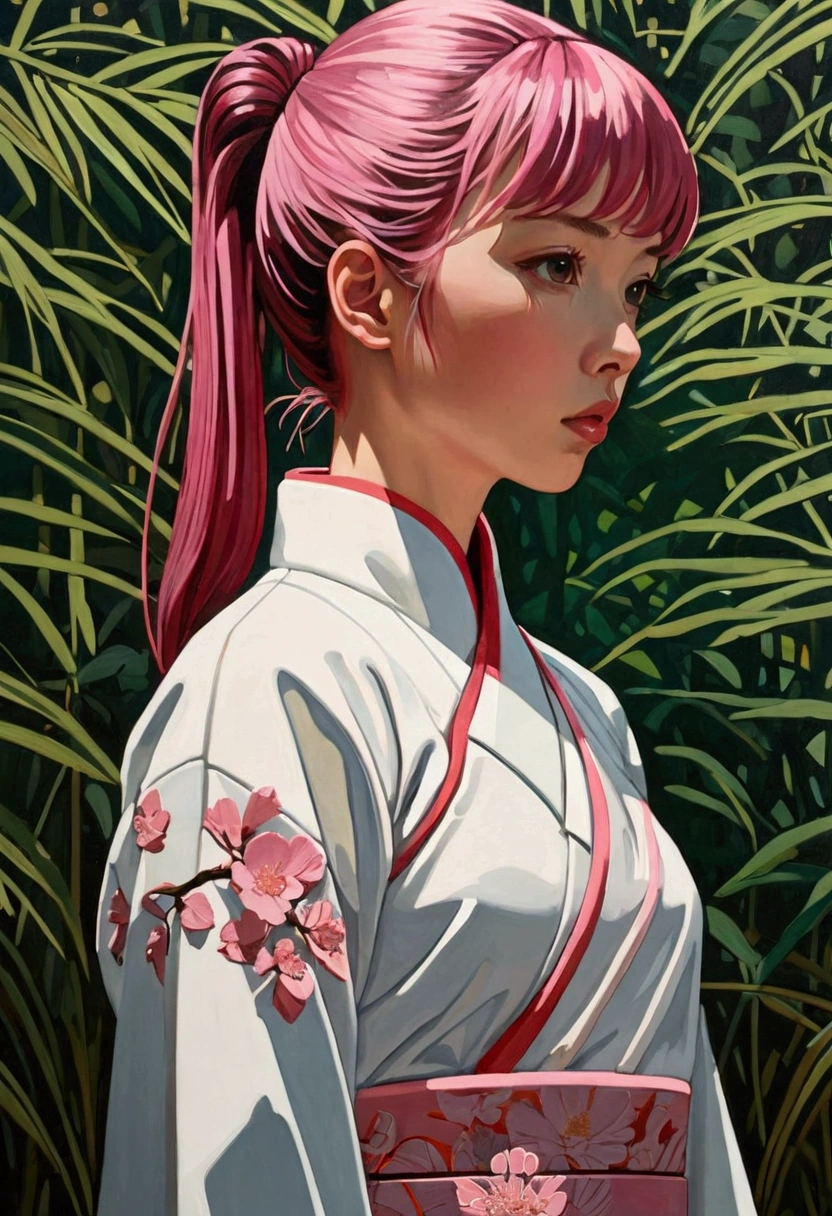 (masterpiece), ((Negative Space)), (author: Neil Welliver), Relief,1 Girl, Brown eyes, Ponytail, Pink Hair, Cyberpunk style Japanese clothes, The expression is serene,Delicate facial features,Elegant posture,Paper art,In a surreal landscape, Studio Lighting,8k,High-quality,