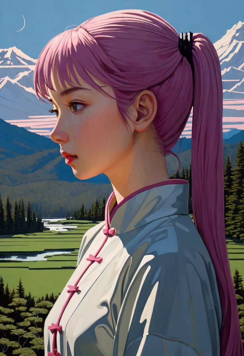 (masterpiece), ((Negative Space)), (author: Neil Welliver), Relief,1 Girl, Brown eyes, Ponytail, Pink Hair, Cyberpunk style Japanese clothes, The expression is serene,Delicate facial features,Elegant posture,Paper art,In a surreal landscape, Studio Lighting,8k,High-quality,