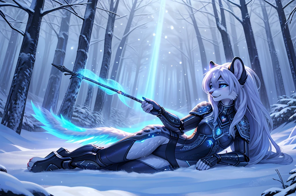 A meticulously detailed, high-definition digital painting of an anthropomorphic snow leopard character standing confidently in an enchanted winter forest. The snow leopard has luxurious, long, flowing silver fur with subtle streaks of icy blue, giving her a mystical appearance. Her expressive, almond-shaped eyes are a deep sapphire blue, glowing softly against the cold, dark backdrop. The character’s face features a delicate blend of feline grace and human-like intelligence, with small, pointed ears tufted with fur and a slightly upturned, heart-shaped nose.
She is dressed in an intricately designed, futuristic armor that combines elements of both organic and cybernetic aesthetics. The armor is sleek and form-fitting, made from a material that appears to be a blend of metal and crystal, with glowing runes etched along the surface. These runes pulse gently with a soft light, matching the color of her eyes, giving her an aura of ancient power mixed with advanced technology.
Her long, flowing hair cascades down her back, moving with a life of its own as if touched by an ethereal wind. The hair has a silver sheen, with highlights that catch the ambient light, creating a shimmering effect. She holds a staff in one hand, crafted from a dark metal entwined with glowing crystal veins, and the other hand is outstretched, gently manipulating the surrounding snowfall with a faint glow emanating from her fingertips.
The background is a dimly lit, enchanted forest with towering, snow-covered trees and a path illuminated by faint, bioluminescent plants. The atmosphere is serene yet filled with a sense of hidden power, with mist rising from the ground and snowflakes drifting slowly down, adding a touch of magic to the scene.
Rendered in an ultra-realistic, yet stylized manner, the character's fur, armor, and surroundings are depicted with extreme attention to detail. She is lying on the snow covered ground in a sexy relaxed pose showing off her curves and slim sexy body.