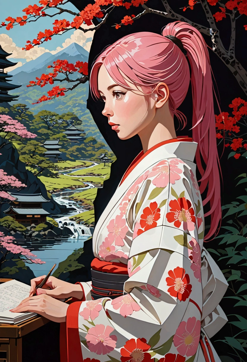 (masterpiece), ((Negative Space)), (author: Neil Welliver), Relief,1 Girl, Brown eyes, Ponytail, Pink Hair, Cyberpunk style Japanese clothes, The expression is serene,Delicate facial features,Elegant posture,Paper art,In a surreal landscape, Studio Lighting,8k,High-quality,