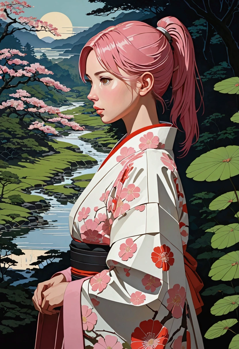 (masterpiece), ((Negative Space)), (author: Neil Welliver), Relief,1 Girl, Brown eyes, Ponytail, Pink Hair, Cyberpunk style Japanese clothes, The expression is serene，Delicate facial features，Elegant posture，Paper art,In a surreal landscape, Studio Lighting，8k，High-quality，