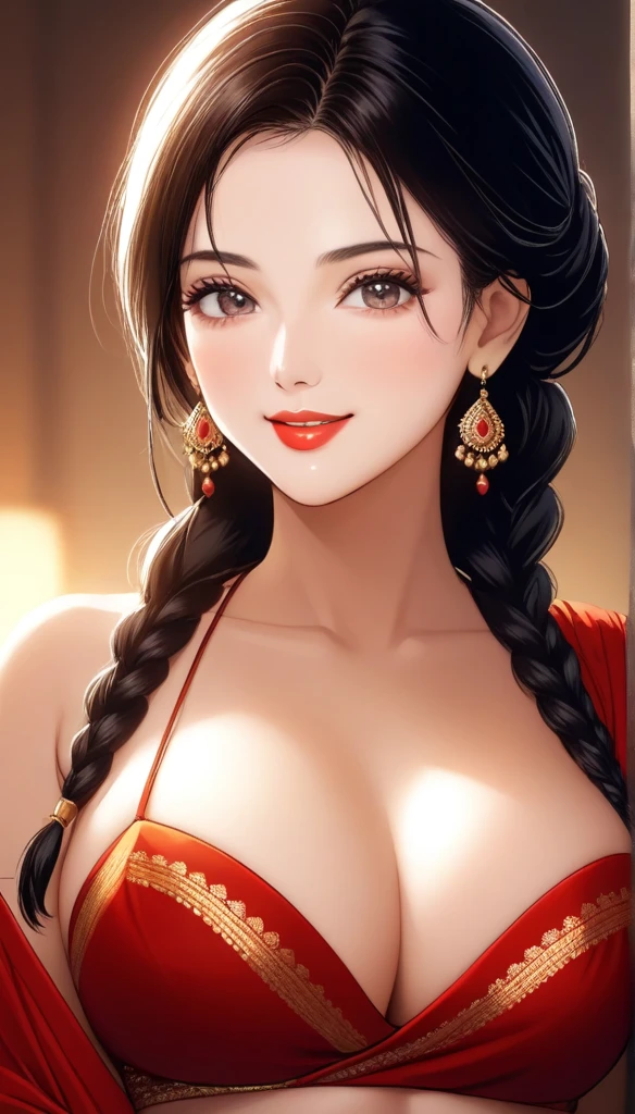 a mature woman wearing a saree, beautiful detailed eyes, smooth detailed lips, beautiful face, smiling, wearing red lipstick, single hair braid, showing navel, wearing bangles, saggy breasts, (best quality,4k,8k,highres,masterpiece:1.2),ultra-detailed,(realistic,photorealistic,photo-realistic:1.37),portrait,cinematic lighting,highly detailed,vibrant colors,warm tones, crawling chain earrings