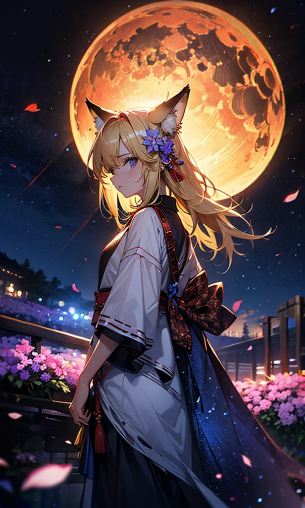 １people々々々々々々々々々々々々々々々々々々々々々々,Woman with medium length blonde hair，Fox Ears，Long coat，Takageta， Dress Silhouette， Rear View，Space Sky, Flower Field，Colorful flowers，Dancing Petals，full moon，shrine，