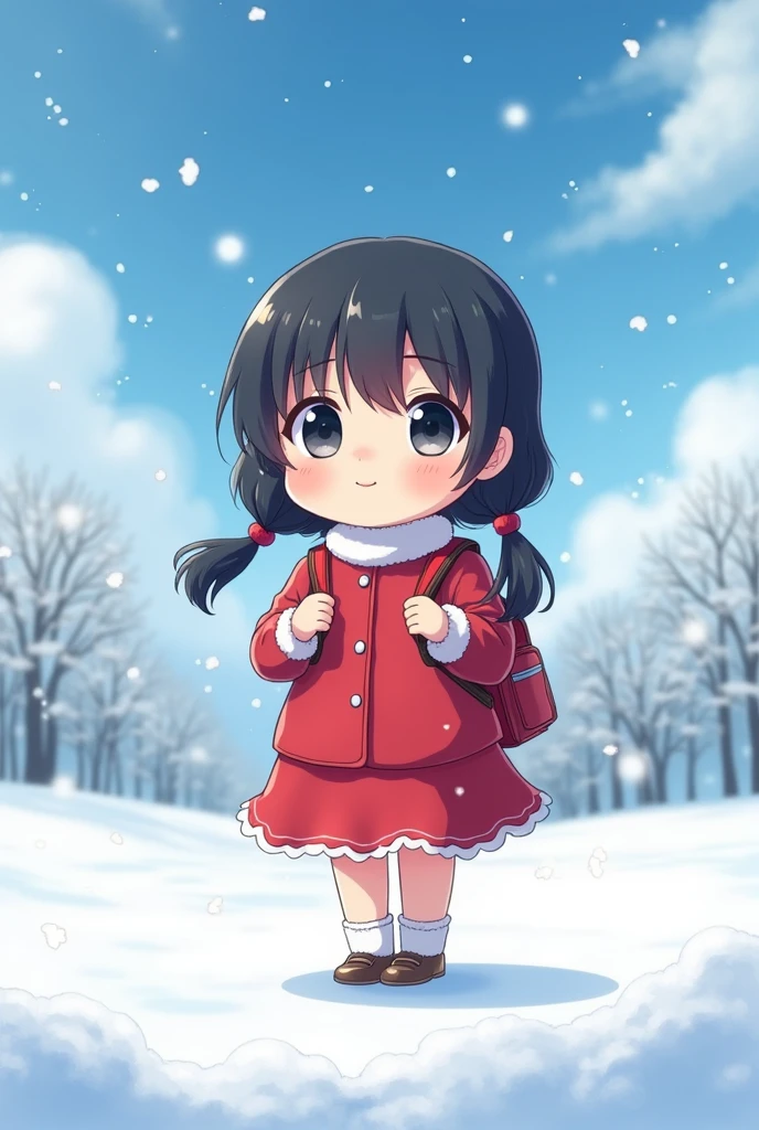 (alone:1.5),redちゃん1人\(very cute,Soft Skin,(Newborns:2.0),Dark Eyes,(1 year old),Black Hair,Shiny Hair,Twin tails\Braiding,,skirt,school bag\(red \) , (Remember:1.5) audience,Cute Smile,whole body\) Standing in the snow\(shining white snow,blue sky,Beautiful Clouds\),[Browsing Caution], break ,quality\(8k,非常に精細なCGユニットのwallpaper, masterpiece,High resolution,top-quality,top-quality real texture skin,Surreal,Increase the resolution,RAW Photos,最高quality,Very detailed,wallpaper,Cinema Lighting,Ray Tracing,)