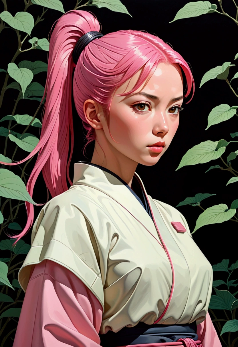 (masterpiece), ((Negative Space)), (author: Neil Welliver), Relief,1 Girl, Brown eyes, Ponytail, Pink Hair, Cyberpunk style Japanese clothes, The expression is serene,Delicate facial features,Elegant posture,Paper art,In a surreal landscape, Studio Lighting,8k,High-quality,
