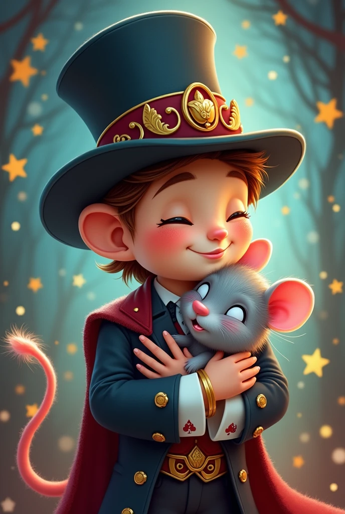 Cartoon illustration of an elegant magician with a playing card in his hat hugging a grey mouse with love 