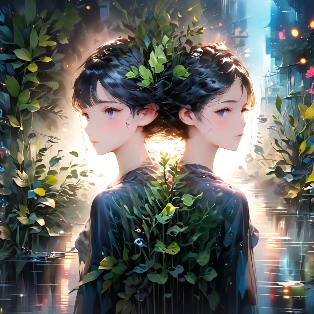 Highest quality, 4k wallpaper, 8k, ultra-high resolution, masterpiece, highly detailed CG, highly detailed eyes, ultra-detailed, complex details, public, 1:1, one 19-20 year old woman (long black hair, slim) and one 19-20 year old man, a lonely woman and man standing back to back in the center, a shy and lonely woman looking up as they stand back to back, neon pop abstract art style, abstract plant art, public, highly detailed flow of bubbles, dynamic art, cinematic lighting