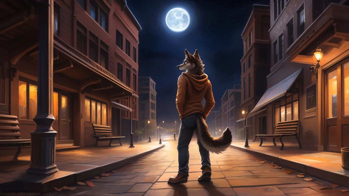 ((Solo)), male people, anthro wolf, (Multi-colored fur, White-brown:1.3), ((Wolf face, Big eyes, White eyelids, Blue pupil, Slim:1.2) (Tough, Calm expression:1.2)), (Height 2.1 meters,Tail length 1.5m), Abs, Slim, pinging, (Correct anatomy), (Contour bone:1.2), (detailed outfits), (Orange hoodies), a long large tail,Feet,(Realistic fur, Detailed fur texture, labeled:1.3)), (Natural lighting), Photorealistic, Hyperrealistic, ultradetailed, by Kenket,In the modern city, On the street, Sit on wooden bench,the night,Sit alone,Look at the full moon,It was dark,Starry