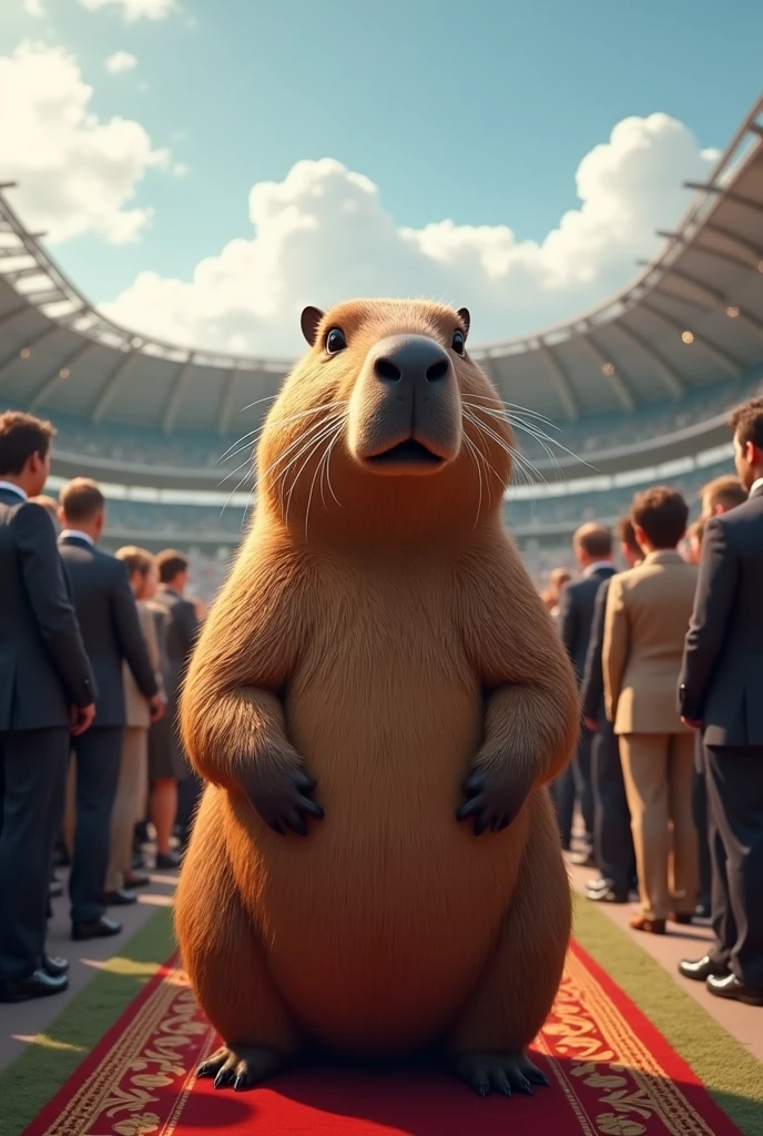 A capybara welcoming people in Paraguay at the Cerro Porteño stadium and people wearing elegant, well-uniformed clothes