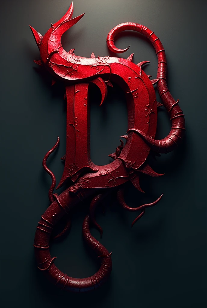 (logo design) evil logo, a striking red letter D, adorned with sharp, menacing demon horns, and a sinuous tail extending from the base, dynamic and bold, emphasizing a dark theme, glossy finish, high-resolution, creating an impression of malevolence and power.