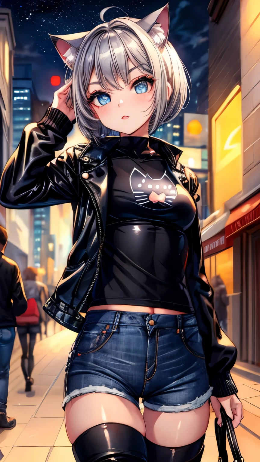 (masterpiece), (best quality), (High quality), expressive eyes, perfect face, 1girl, (grey cat ears), (medium hair, grey hair, pixie cut), (big eyes, perfect eyes, blue eyes, thick eyelashes, thin eyebrow), (short height), slim bulid, happy expression, (medium breasts), ((red short tank top, cat print), (black leather jacket, long sleeves, unziped), (jeans short pants, ziped), black long boots, (black over-the-knee socks)), (standing), peace symbol, one hand on own hip, city streets, [night], (stars), looking at the viewer,more_details:-1, more_details:0, more_details:0.5, more_details:1, more_details:1.5,