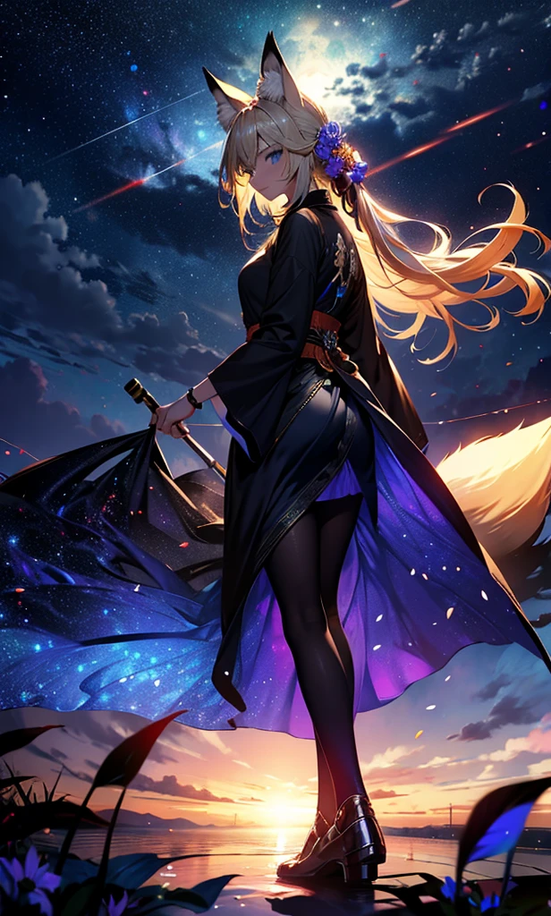 1people々々々々々々々々々々々々々々々々々々々々々々,Woman with medium length blonde hair,Fox Ears,Long coat,Takageta, Dress Silhouette, Rear View,Space Sky, Flower Field,Colorful flowers,Dancing Petals,full moon,shrine,