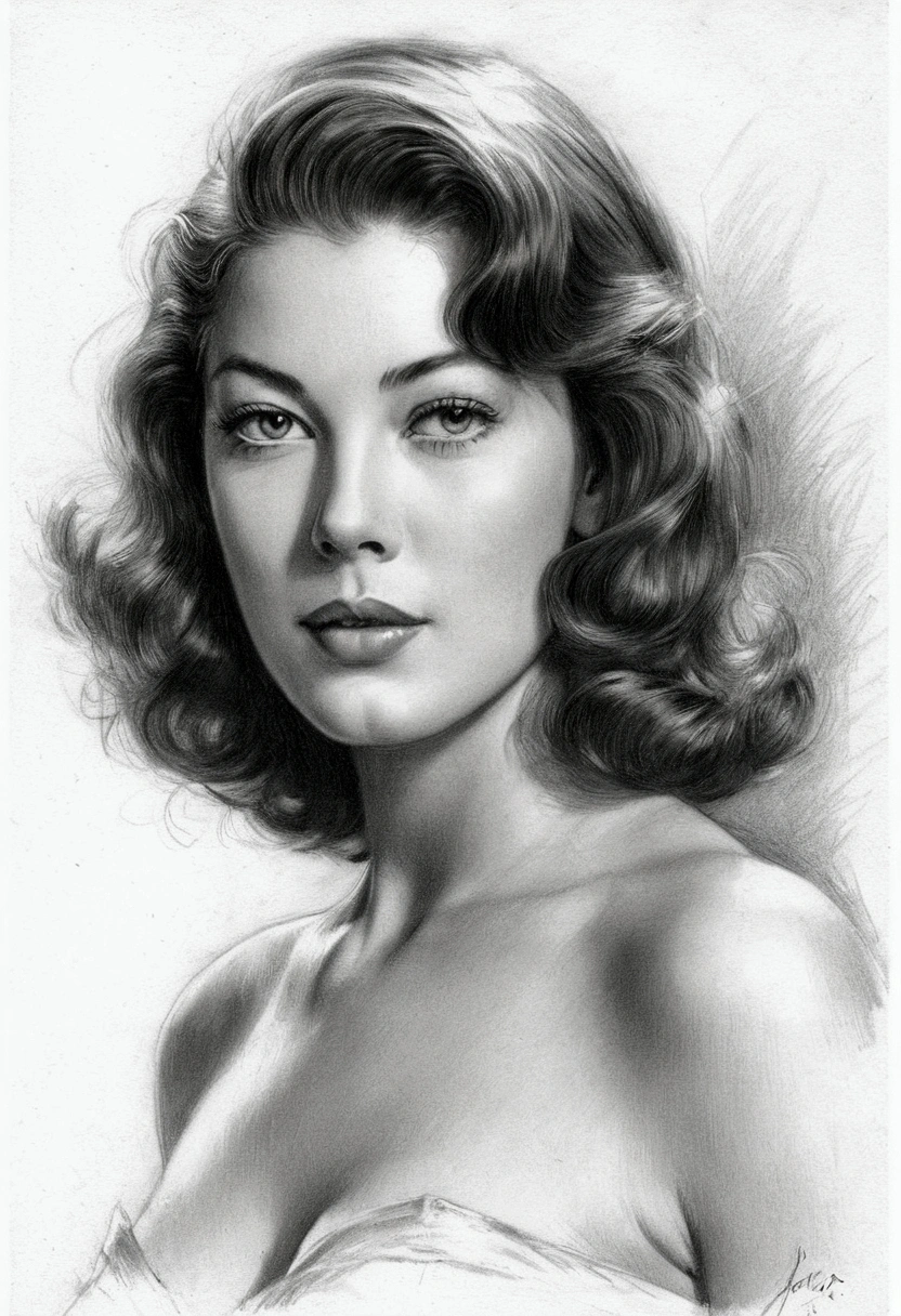 A delicate, graphite sketch portrays, a nude young beautiful Ava Gardner, medium firm breasts, standing bare feet without background, her features rendered in subtle shading and precise lines. The framing is tight, focusing attention on the subject's serene face. Soft, feathery strokes convey the gentle texture of her hair, 