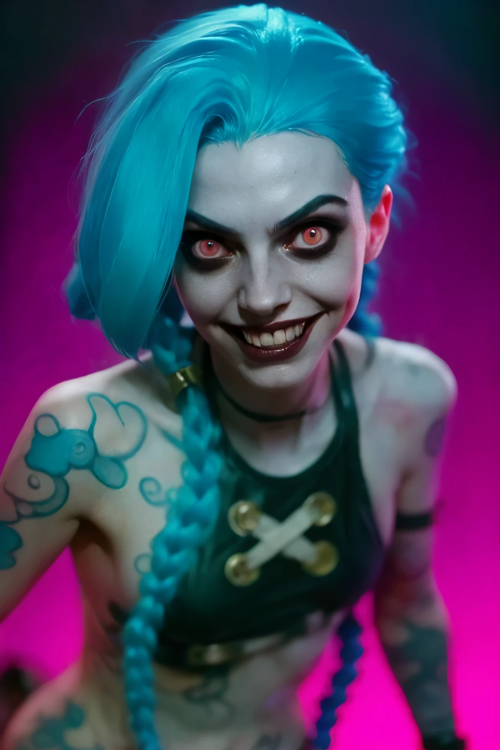 Hyper realistic super detailed Jinx cosplay ,(( Young girl, 15 years old)) , Very detailed, (hyper realistic: 1.4), ((in dynamic fight pose)) , ((angry face)) , twin braids, long hair, blue hair, red eyes, (((blue tattoo on arm))) , ((skinny body)) , (((psycho face, creppy smiling) )), arcane style. ((Grunge Neon grafitti background, cinematic lighting)).