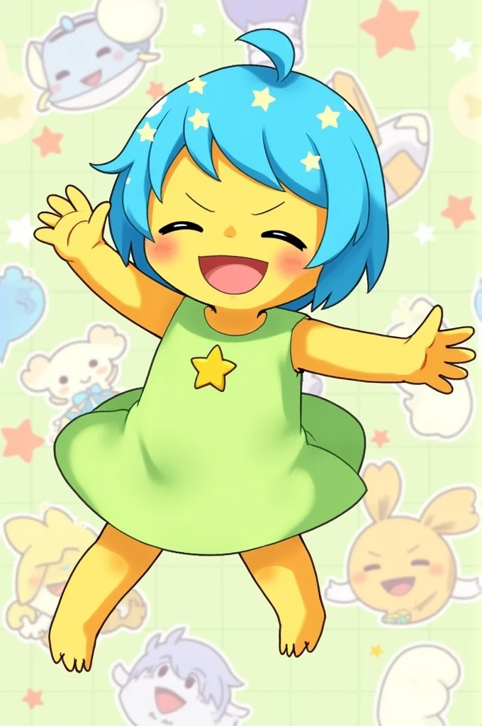 Drawing of a cheerful yellow, with a light green dress with star-shaped sparkles, round head, big smile, short blue hair, a little goosebumps on top, jumpping 