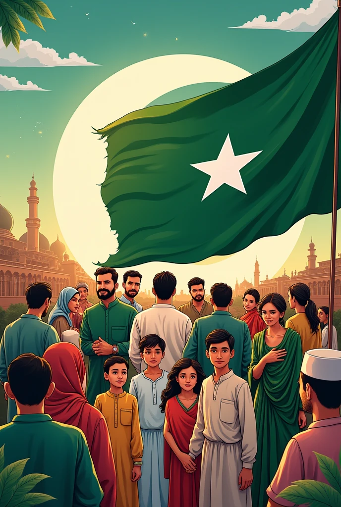 Create a.poster on 14th August Pakistan flag and peoples
