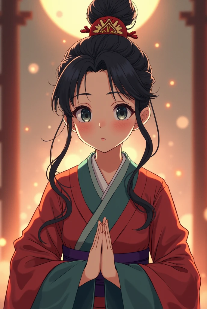 ancient china court doctor in hanfu with bun on head full in anime style
