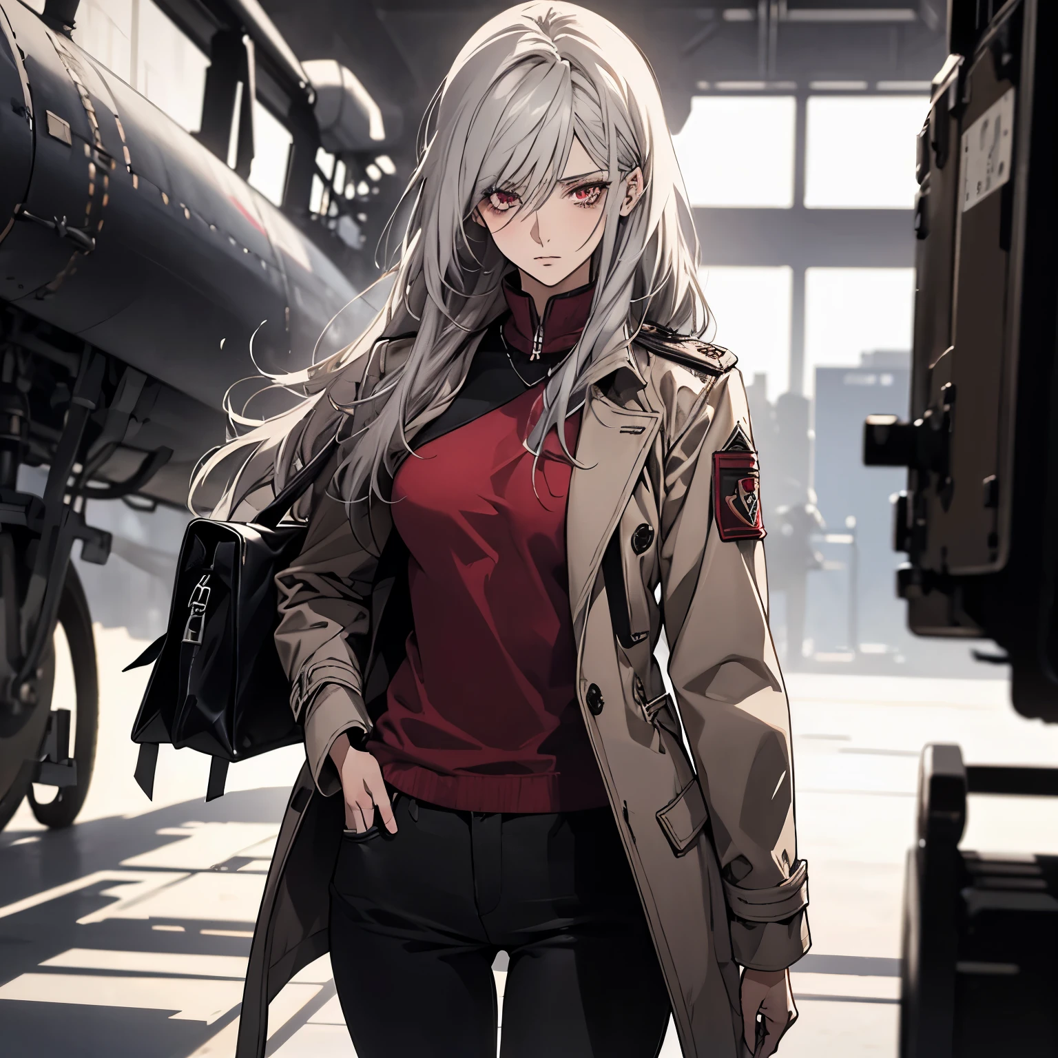 (Confused, High resolution, Very detailed), 1 female, Silver Hair,Long Hair,Crimson Eyes,Pilot jacket,skinny pants,coat,Leather handbags,24th generation,beauty,mature,thin,quiet,Calm,Small breasts,Thoughts,