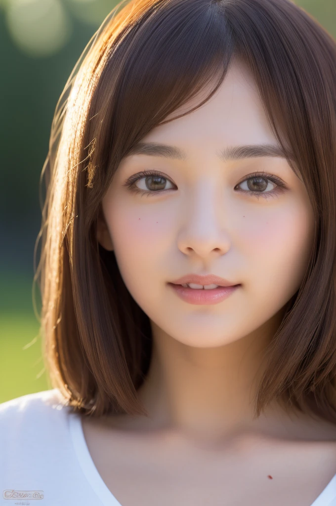Brown-haired woman 30 years old、unclean、Lens flare、(8K、born、professional、highest quality、masterpiece:1.2)、(realistic、Photoreal:1.37)、super detailed、(best detailed skins:1.2)、(Supreme Detail Face:1.2)、movie lighting、1 female、Japanese、Short-cut brown hair、(the wind is strong)、warm white light、shy smile、Photographed from the front、((highest quality、8K、masterpiece:1.3))、beautiful woman with perfect figure:1.4、、((dark brown hair、big breasts:1.2))、Highly detailed face and skin texture、detailed eye、double eyelid、big breasts、gender Wearing a plain white round neck T-shirt Tokyo city whole photo Cafe