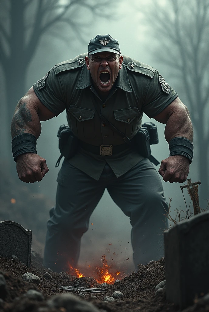 German soldier with big muscles opening a iron grate over a grave, rip apart gaveyard, big strong german ww2 soldier, 8k, screaming, detail, painting