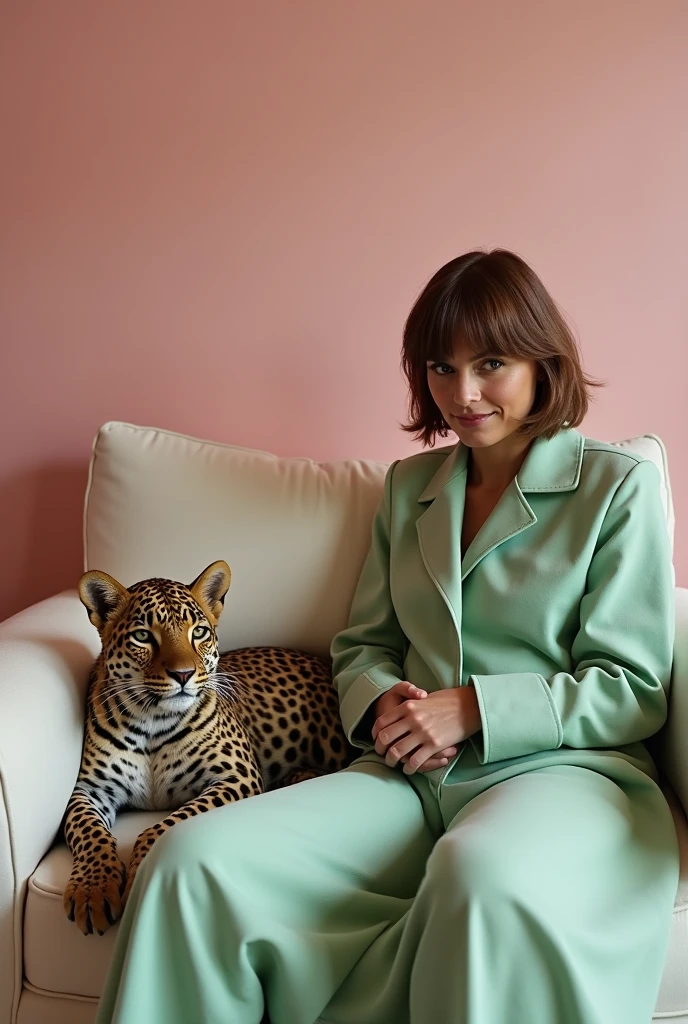 a fashion female and a Leopard setting on sofa in the house，in the style of Grayson Perry，close up，Strong color contrast,light pink and light green,minimalist images