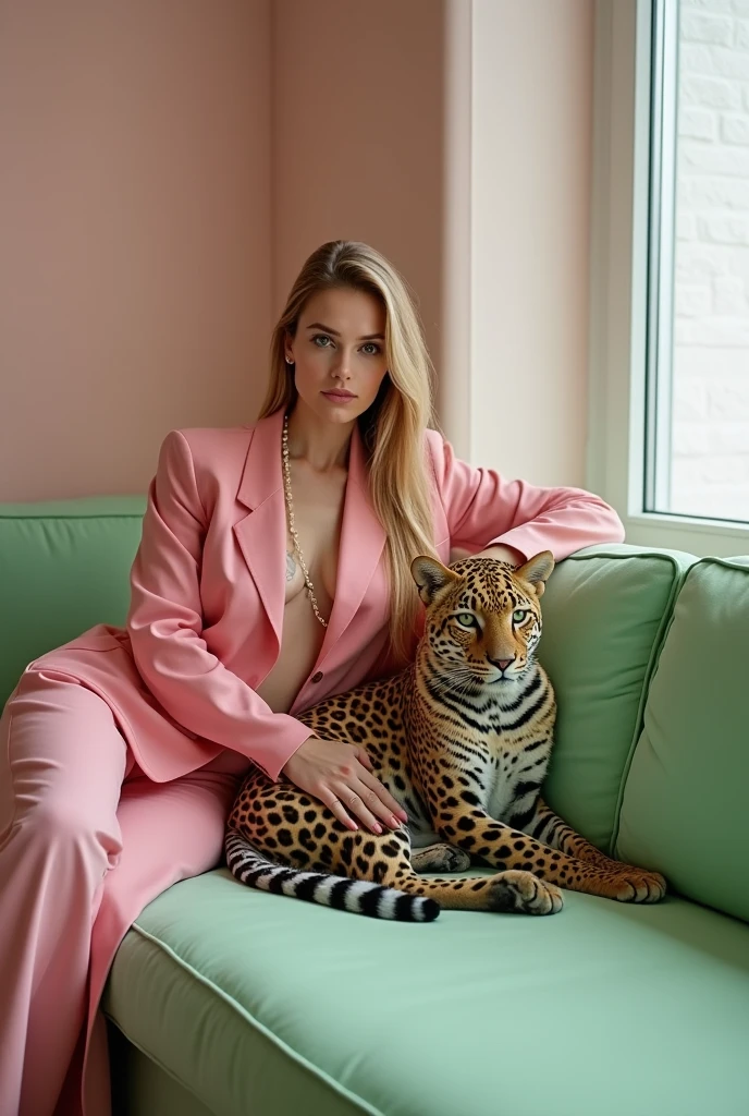 a fashion female and a Leopard setting on sofa in the house,in the style of Grayson Perry,close up,Strong color contrast,light pink and light green,minimalist images